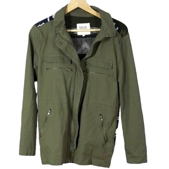 Thread & Supply Knit Utility Jacket Green Medium Zip Pockets Snap Boho Southwest - Picture 3 of 9